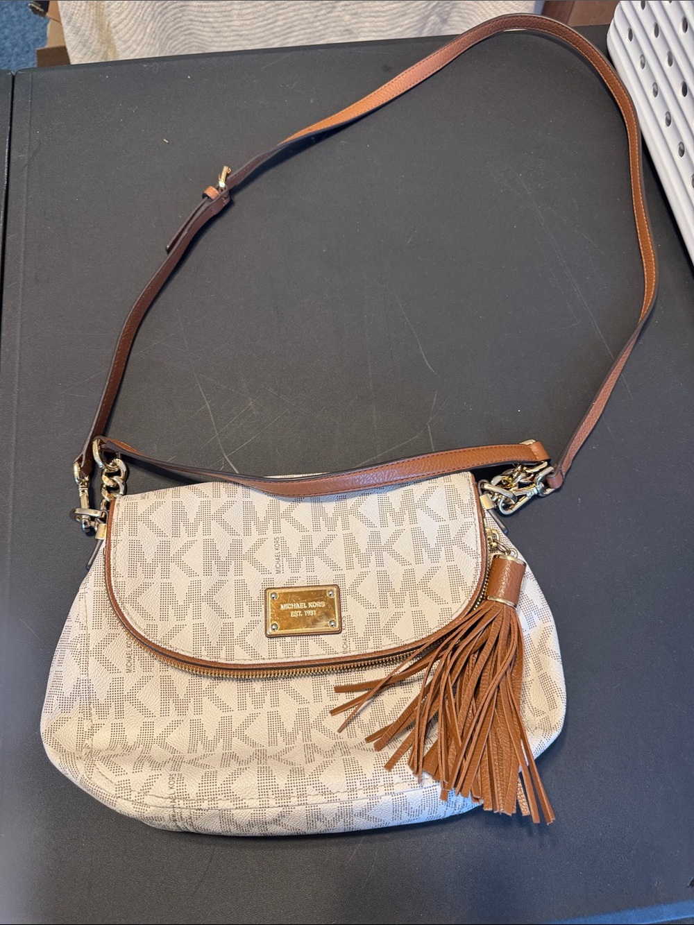 Michael Kors Beige Logo Crossbody with Brown Leather Trim and Tassel